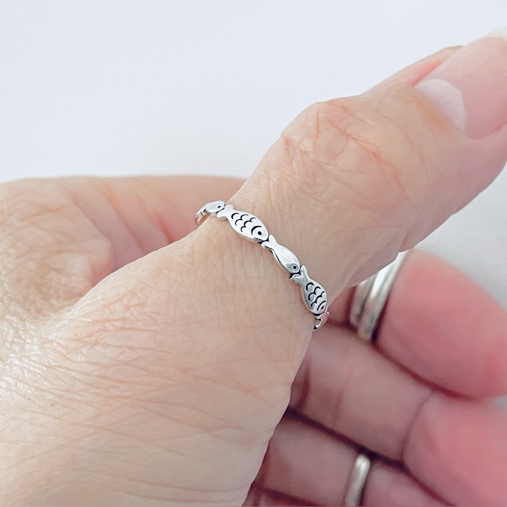 Sterling Silver Eternity Fish Band, Religious Ring, Ocean Animals Jewelry Rings